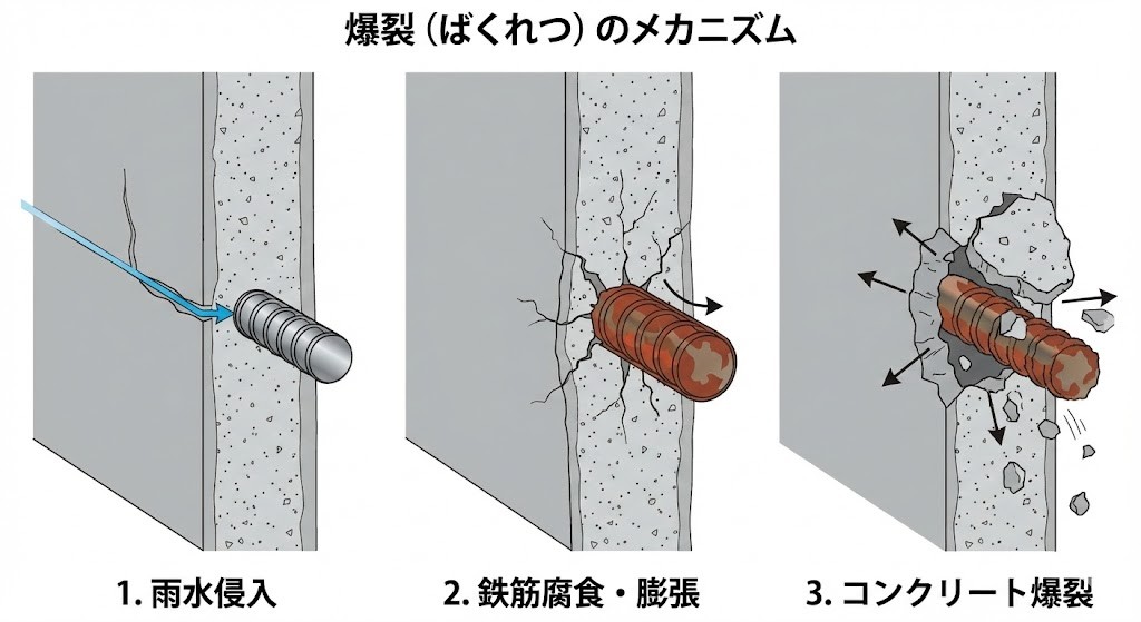 コンクリートの爆裂（ばくれつ）メカニズム図解。1.雨水侵入、2.鉄筋腐食・膨張、3.コンクリート爆裂の3段階で外壁内部の劣化が進む様子