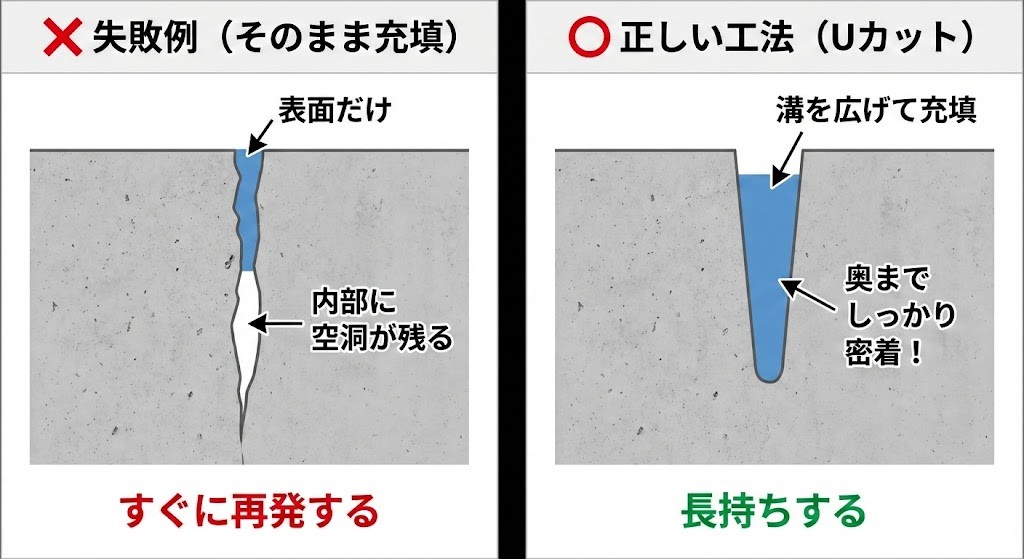 外壁補修の正しい工法「Uカット」と失敗例の比較図解。溝を広げて奥までシーリングを充填することで内部に空洞を作らず長持ちさせる仕組み