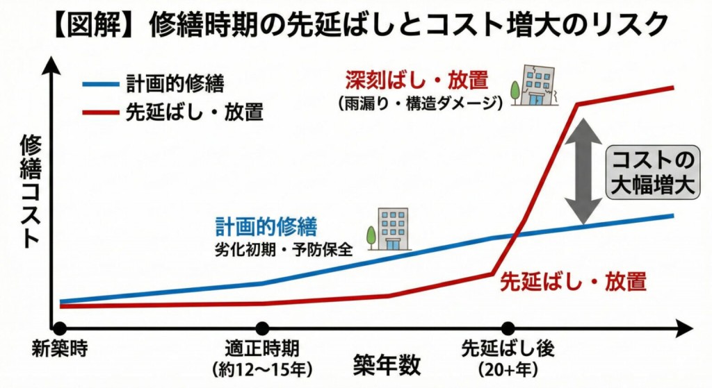 【図解】修繕時期の先延ばしとコスト増大のリスク