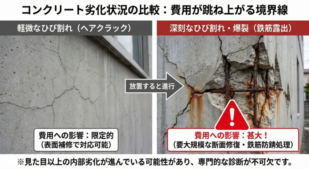 コンクリートのひび割れと爆裂の比較写真