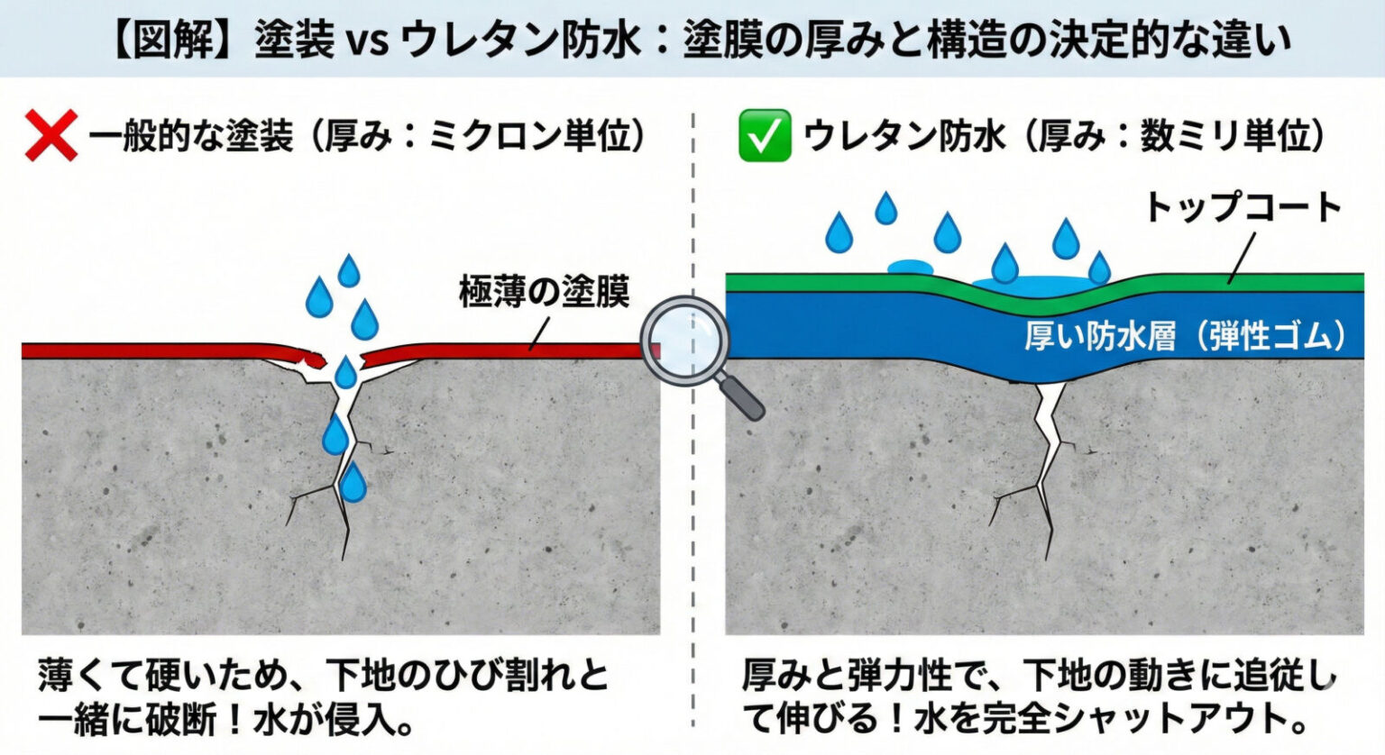 図解：塗装と防水の塗膜の厚みと構造の違い。一般的な塗装は極薄の膜だが、ウレタン防水は厚みのあるゴム層で下地の動きに追従する。