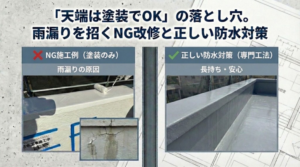 「天端は塗装でOK」の落とし穴。雨漏りを招くNG改修と正しい防水対策