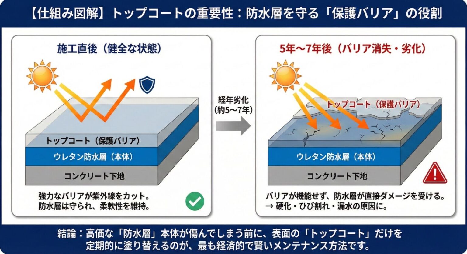 図解：トップコートの役割。施工直後は紫外線をガードするが、5年〜7年で劣化し、防水層本体がダメージを受ける仕組み。