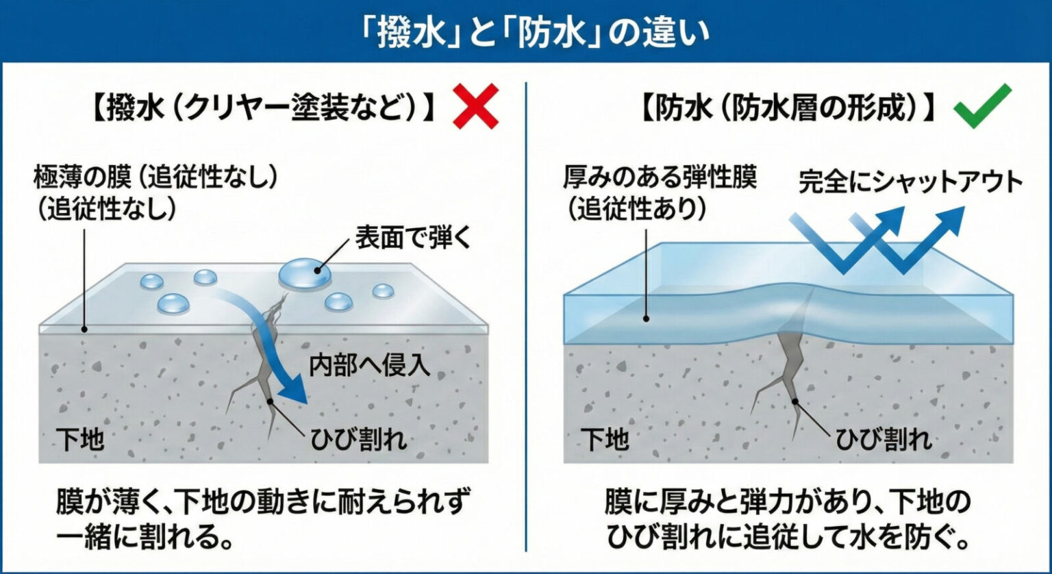 図解：撥水（水を弾く）と防水（水を遮断する）の違い