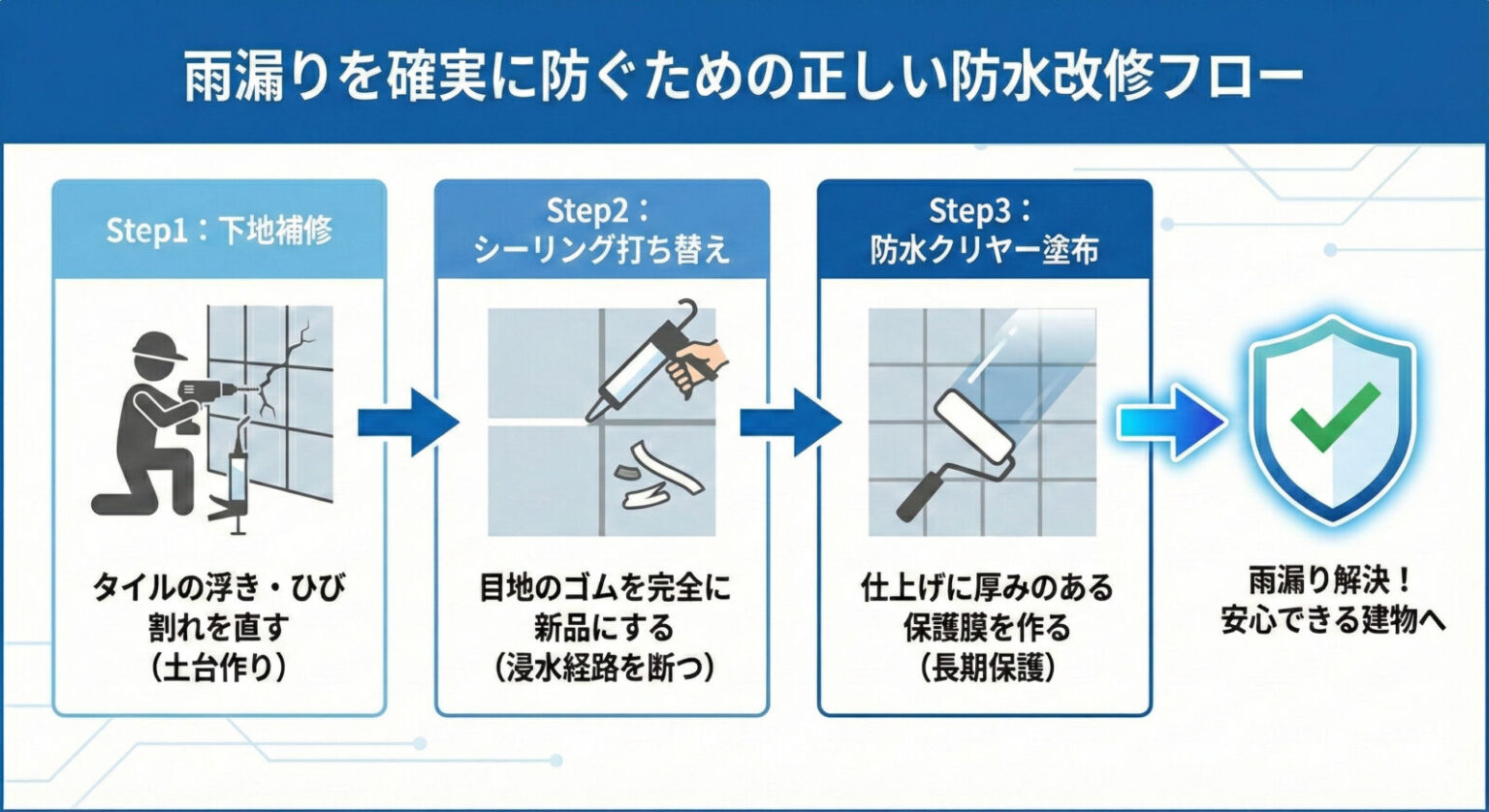 図解：雨漏りを確実に防ぐための正しい防水改修フロー（3ステップ）