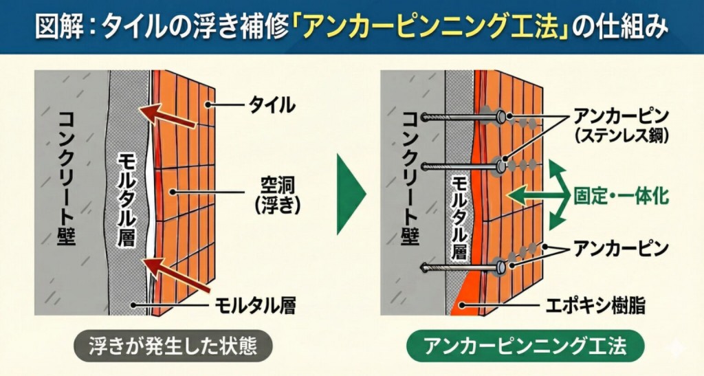 タイルの浮き補修「アンカーピンニング工法」の仕組み