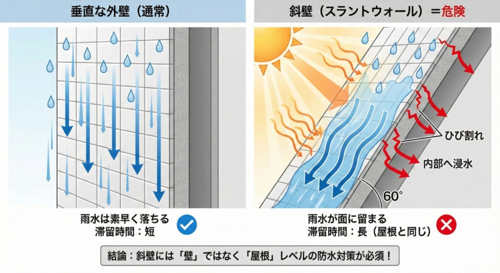 斜壁（スラントウォール）と垂直な外壁の雨水の流れ方と滞留時間の比較図解。斜壁は屋根のように雨水が留まりやすく、熱収縮によるひび割れから内部へ浸水しやすいメカニズムを示している。